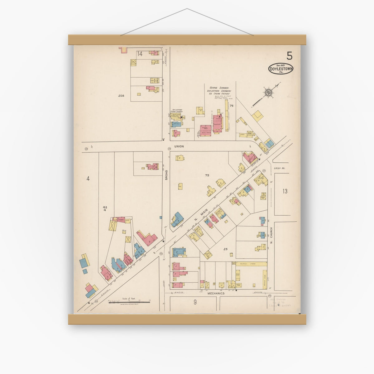 Old map wall art mockup — magnetic wood frame on white wall — Sanborn Fire Insurance Map from Doylestown, Bucks County, Pennsylvania (1922), Sheet #0005
