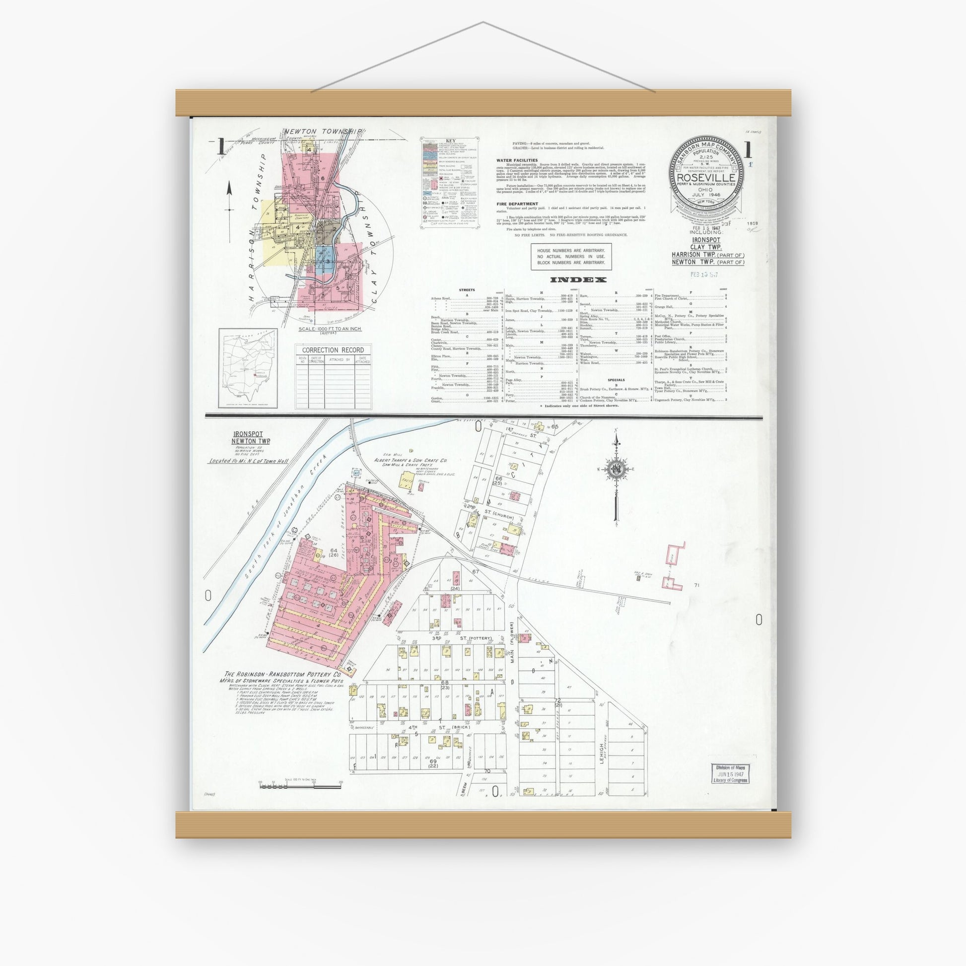 Old map wall art mockup — magnetic wood frame on white wall — Sanborn Fire Insurance Map from Roseville, Perry And Muskingum Counties, Ohio (1946) - Complete Map Set