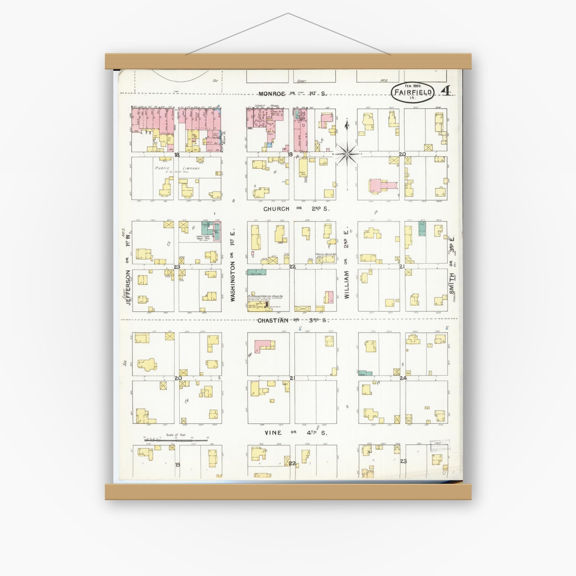 Old map wall art mockup — magnetic wood frame on white wall — Sanborn Fire Insurance Map from Fairfield, Jefferson County, Iowa (1892), Sheet #0004