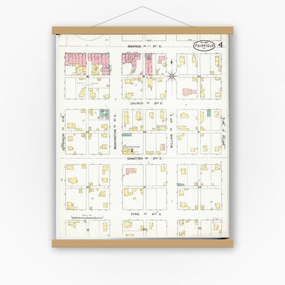 Old map wall art mockup — magnetic wood frame on white wall — Sanborn Fire Insurance Map from Fairfield, Jefferson County, Iowa (1892), Sheet #0004