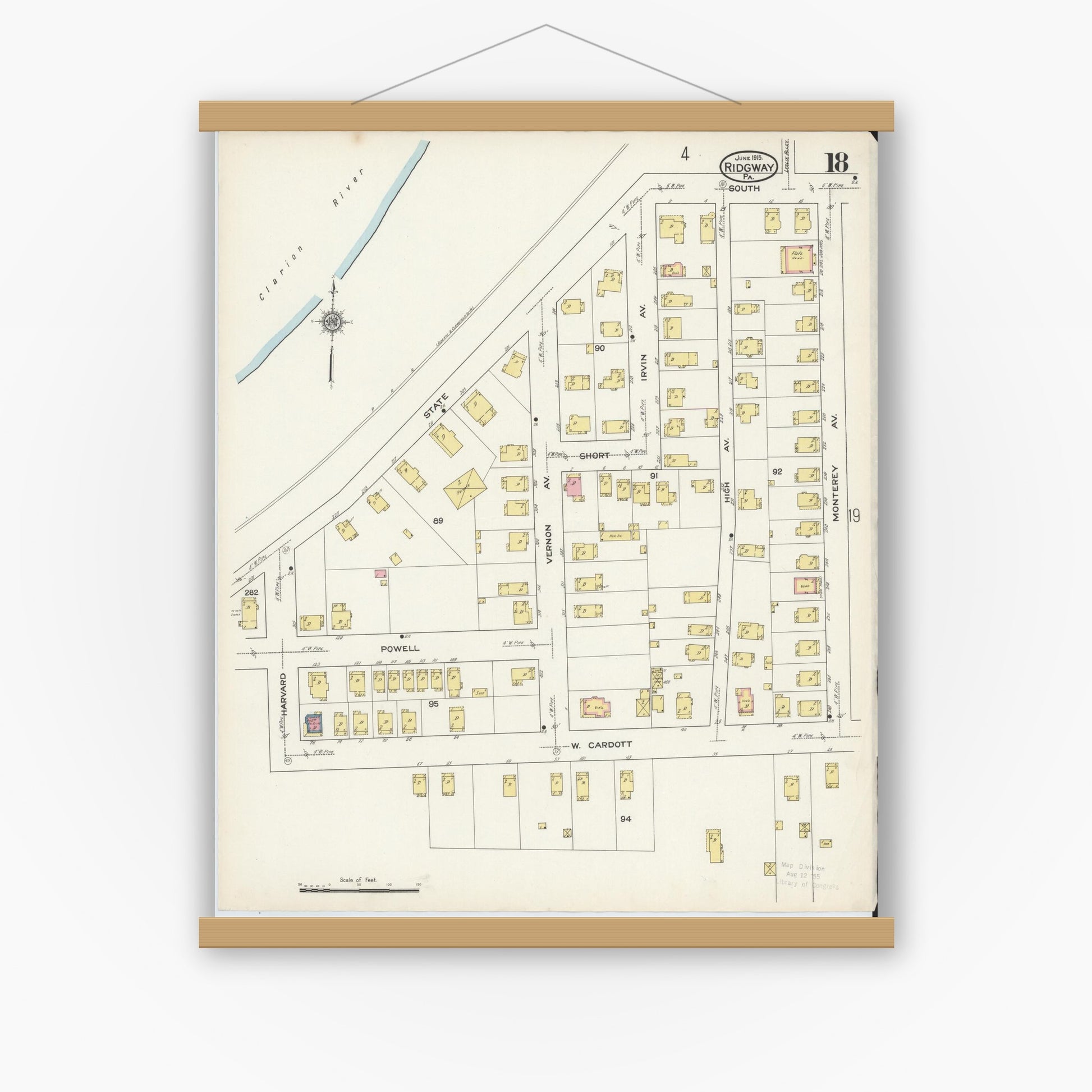 Old map wall art mockup — magnetic wood frame on white wall — Sanborn Fire Insurance Map from Ridgway, Elk County, Pennsylvania (1915), Sheet #0018