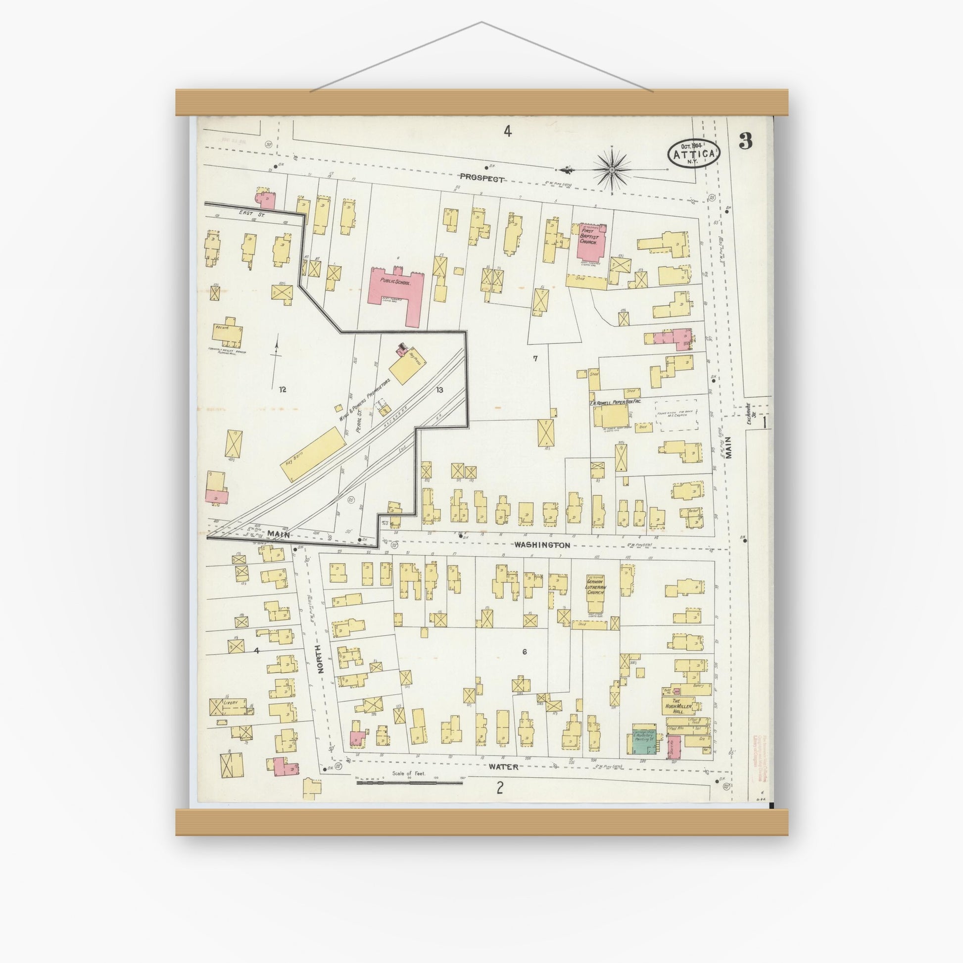 Old map wall art mockup — magnetic wood frame on white wall — Sanborn Fire Insurance Map from Attica, Wyoming County, New York (1904), Sheet #0003