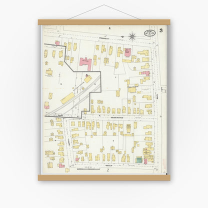 Old map wall art mockup — magnetic wood frame on white wall — Sanborn Fire Insurance Map from Attica, Wyoming County, New York (1904), Sheet #0003