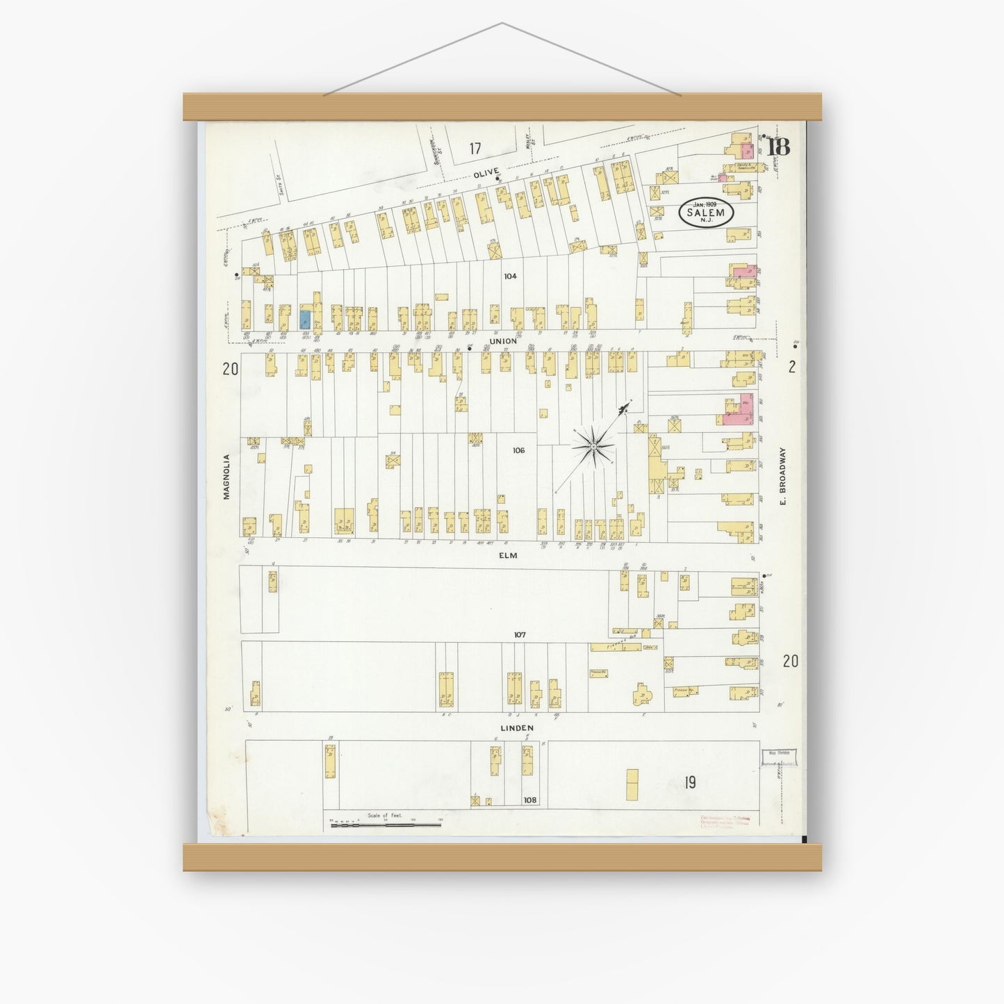 Old map wall art mockup — magnetic wood frame on white wall — Sanborn Fire Insurance Map from Salem, Salem County, New Jersey (1909), Sheet #0018