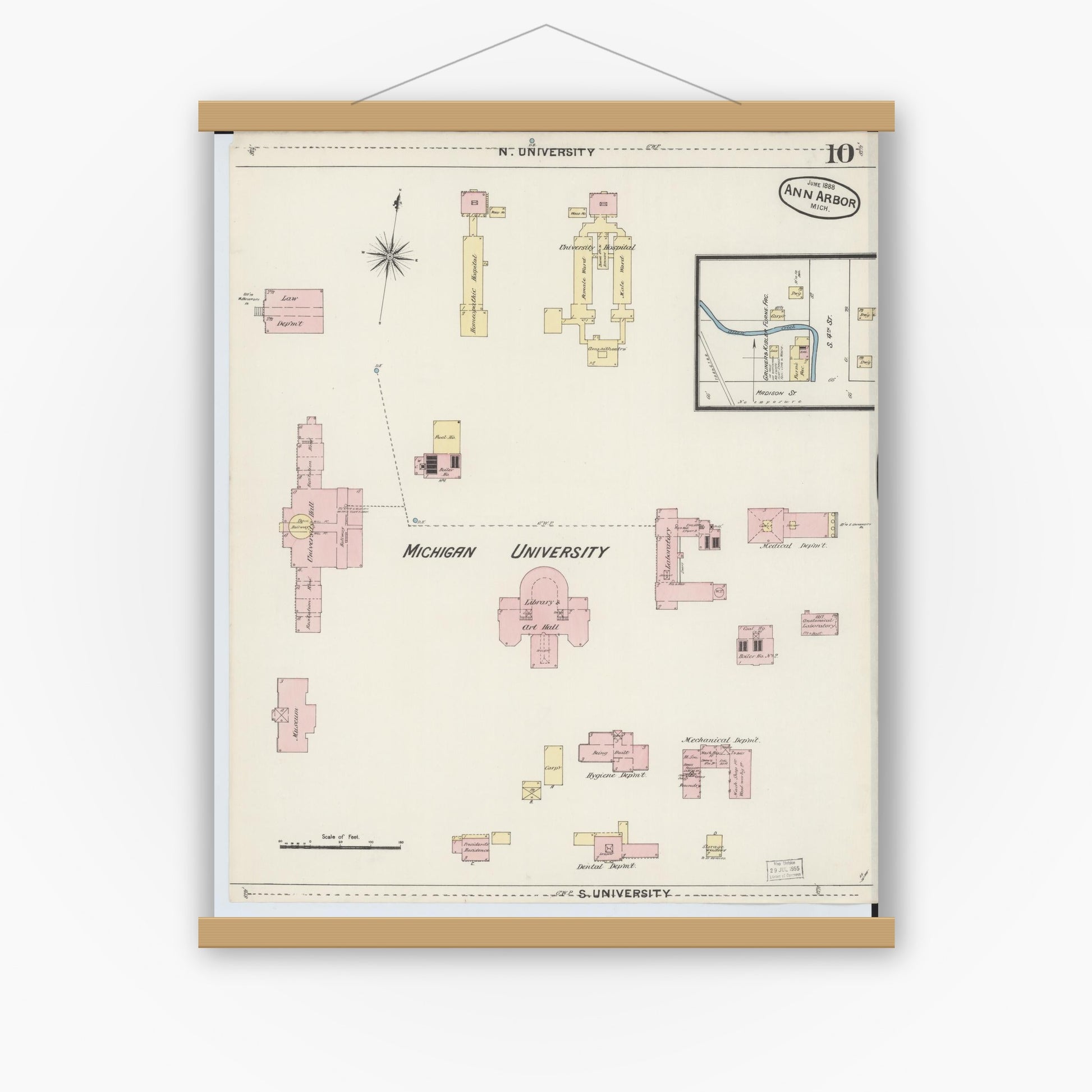 Old map wall art mockup — magnetic wood frame on white wall — Sanborn Fire Insurance Map from Ann Arbor, Washtenaw County, Michigan (1888), Sheet #0010