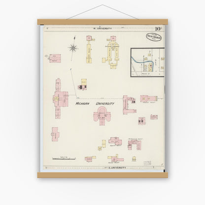Old map wall art mockup — magnetic wood frame on white wall — Sanborn Fire Insurance Map from Ann Arbor, Washtenaw County, Michigan (1888), Sheet #0010