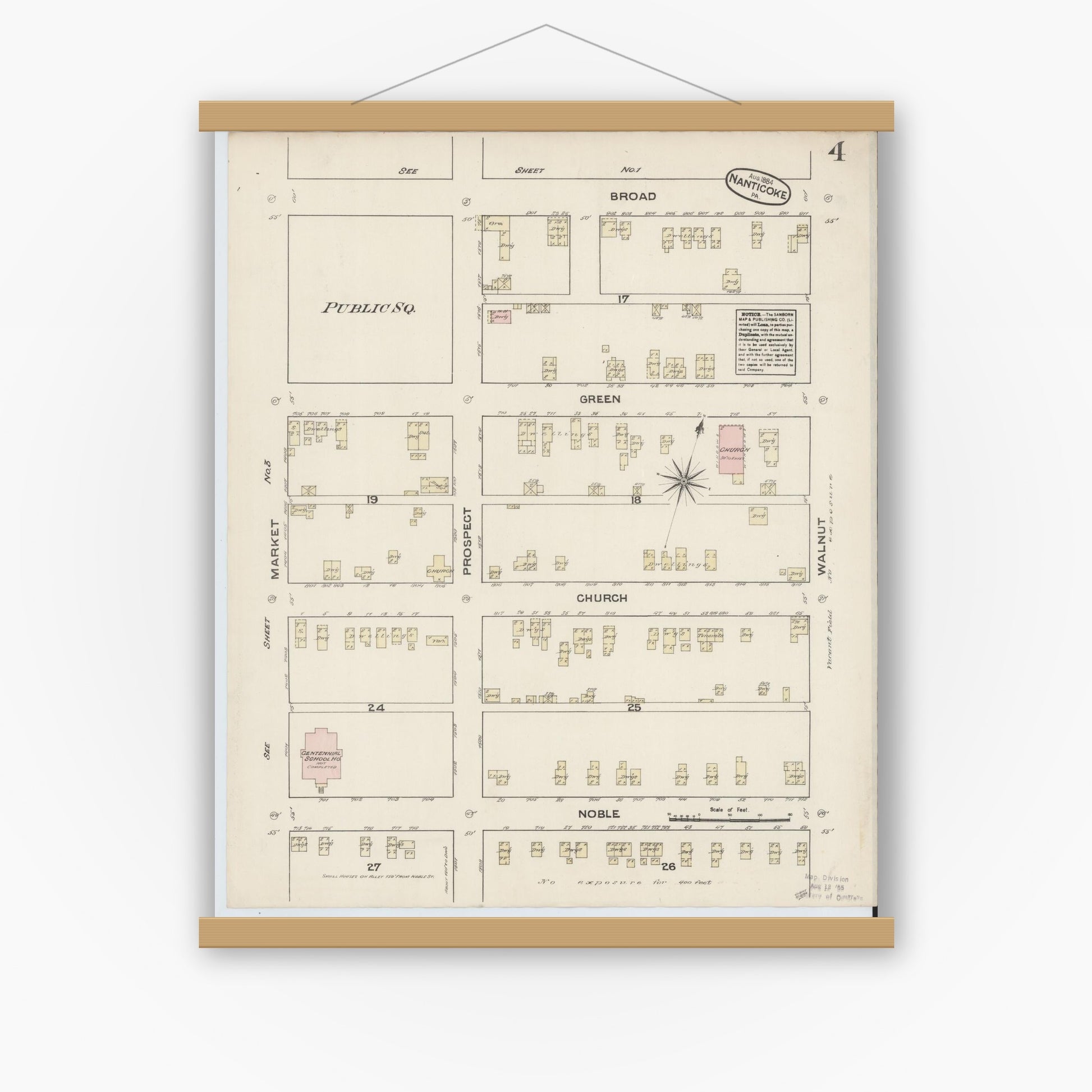 Old map wall art mockup — magnetic wood frame on white wall — Sanborn Fire Insurance Map from Nanticoke, Luzerne County, Pennsylvania (1884), Sheet #0004