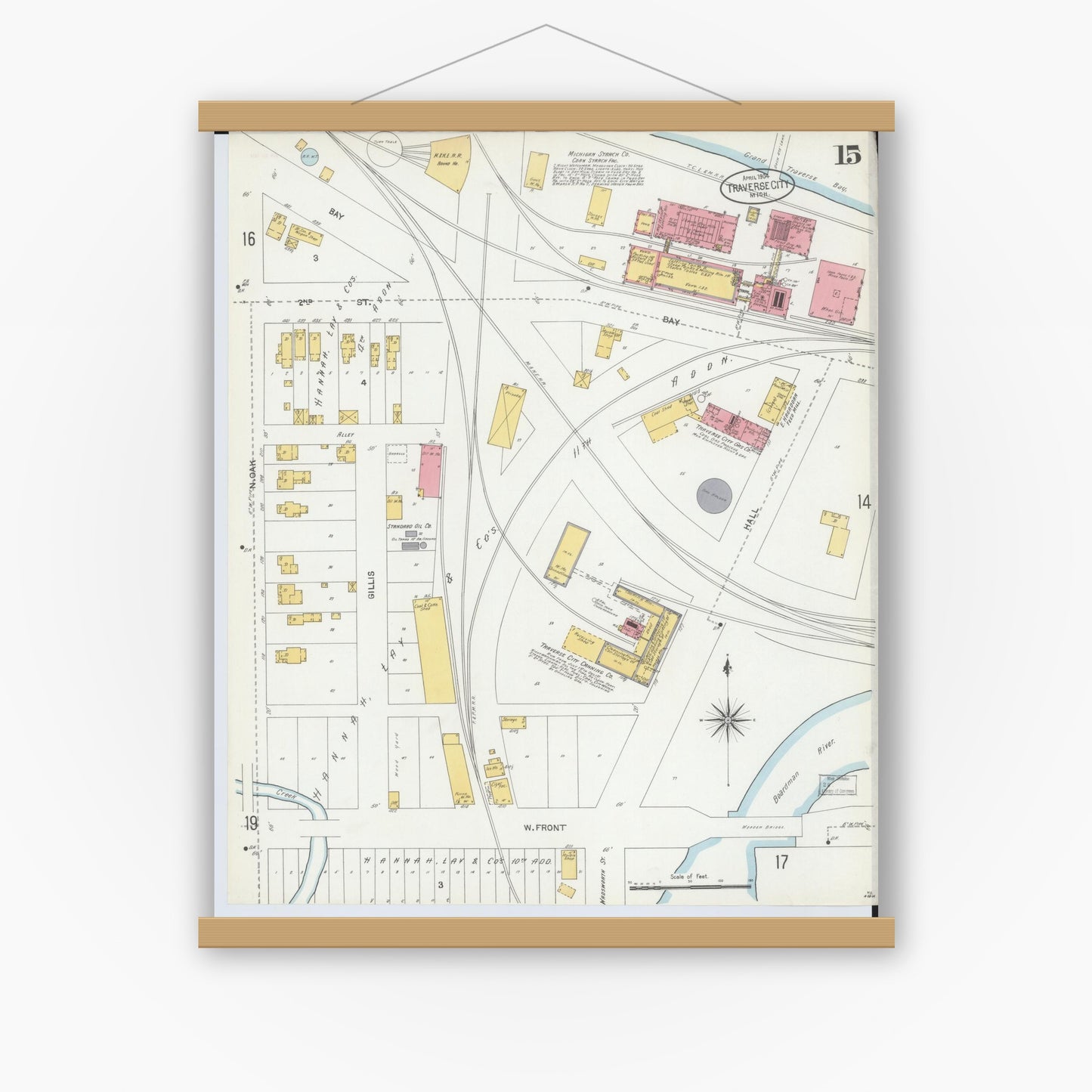 Old map wall art mockup — magnetic wood frame on white wall — Sanborn Fire Insurance Map from Traverse City, Grand Traverse County, Michigan (1904), Sheet #0015