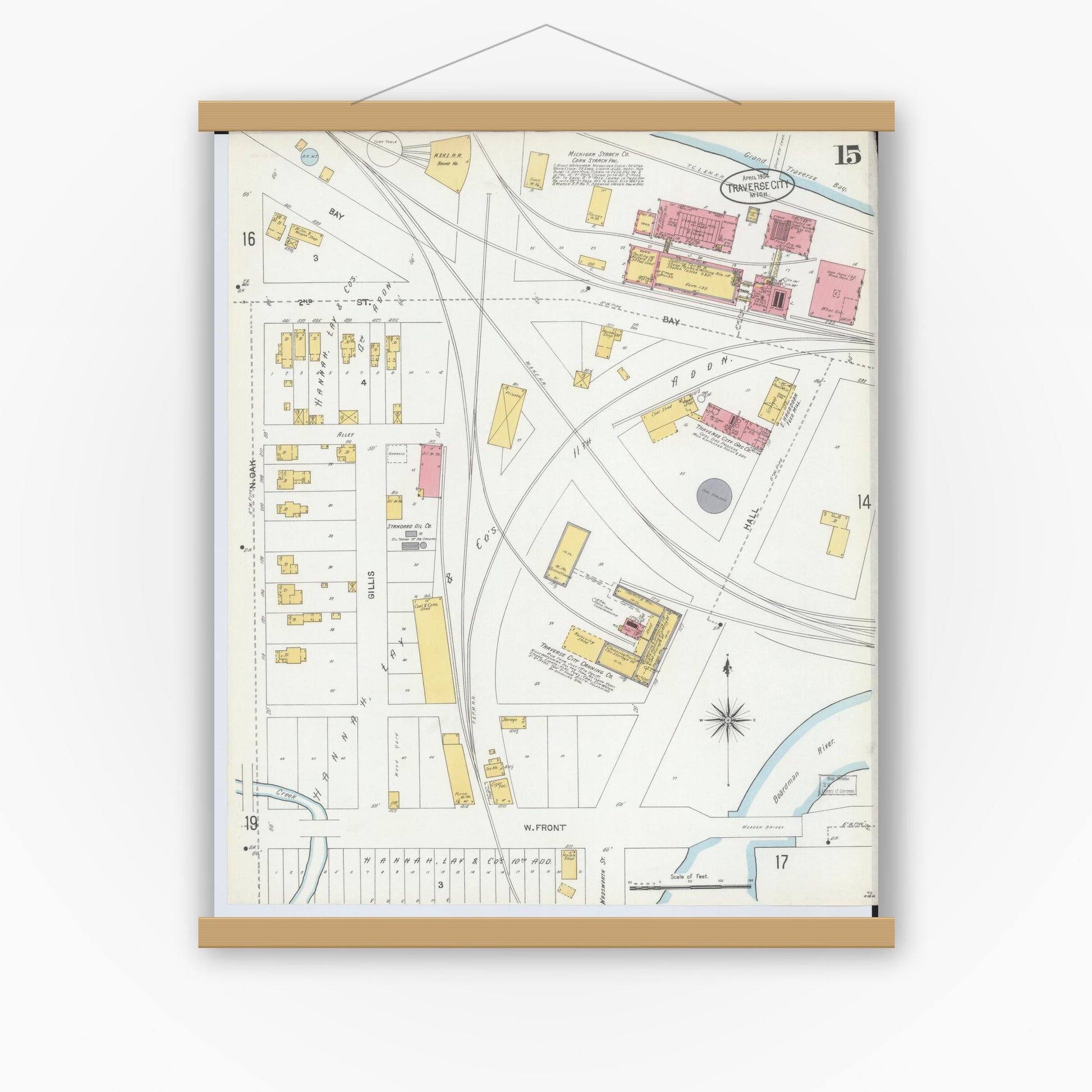 Old map wall art mockup — magnetic wood frame on white wall — Sanborn Fire Insurance Map from Traverse City, Grand Traverse County, Michigan (1904), Sheet #0015