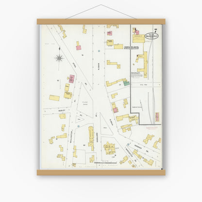 Old map wall art mockup — magnetic wood frame on white wall — Sanborn Fire Insurance Map from Baldwinville, Worcester County, Massachusetts (1905), Sheet #0007