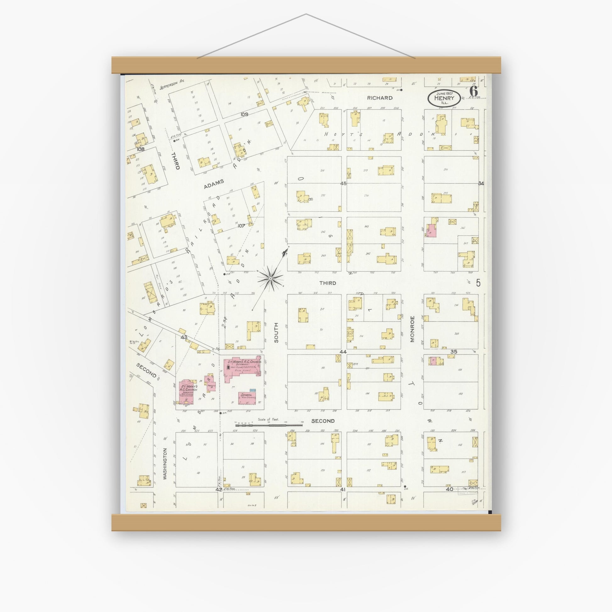Old map wall art mockup — magnetic wood frame on white wall — Sanborn Fire Insurance Map from Henry, Marshall County, Illinois (1907), Sheet #0006