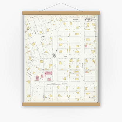 Old map wall art mockup — magnetic wood frame on white wall — Sanborn Fire Insurance Map from Henry, Marshall County, Illinois (1907), Sheet #0006