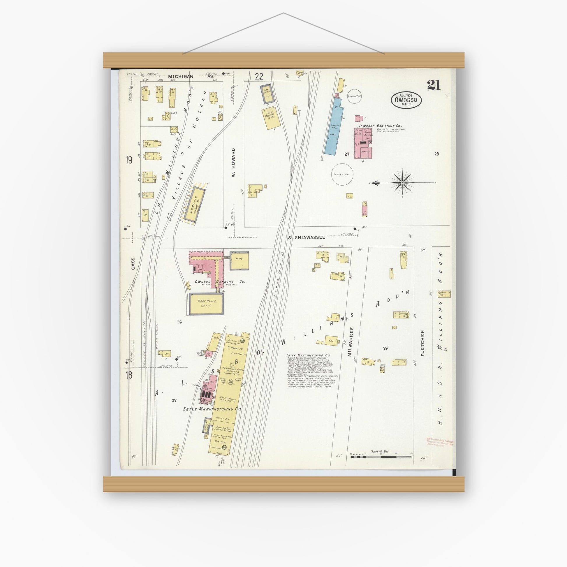 Old map wall art mockup — magnetic wood frame on white wall — Sanborn Fire Insurance Map from Owosso, Shiawassee County, Michigan (1908), Sheet #0021