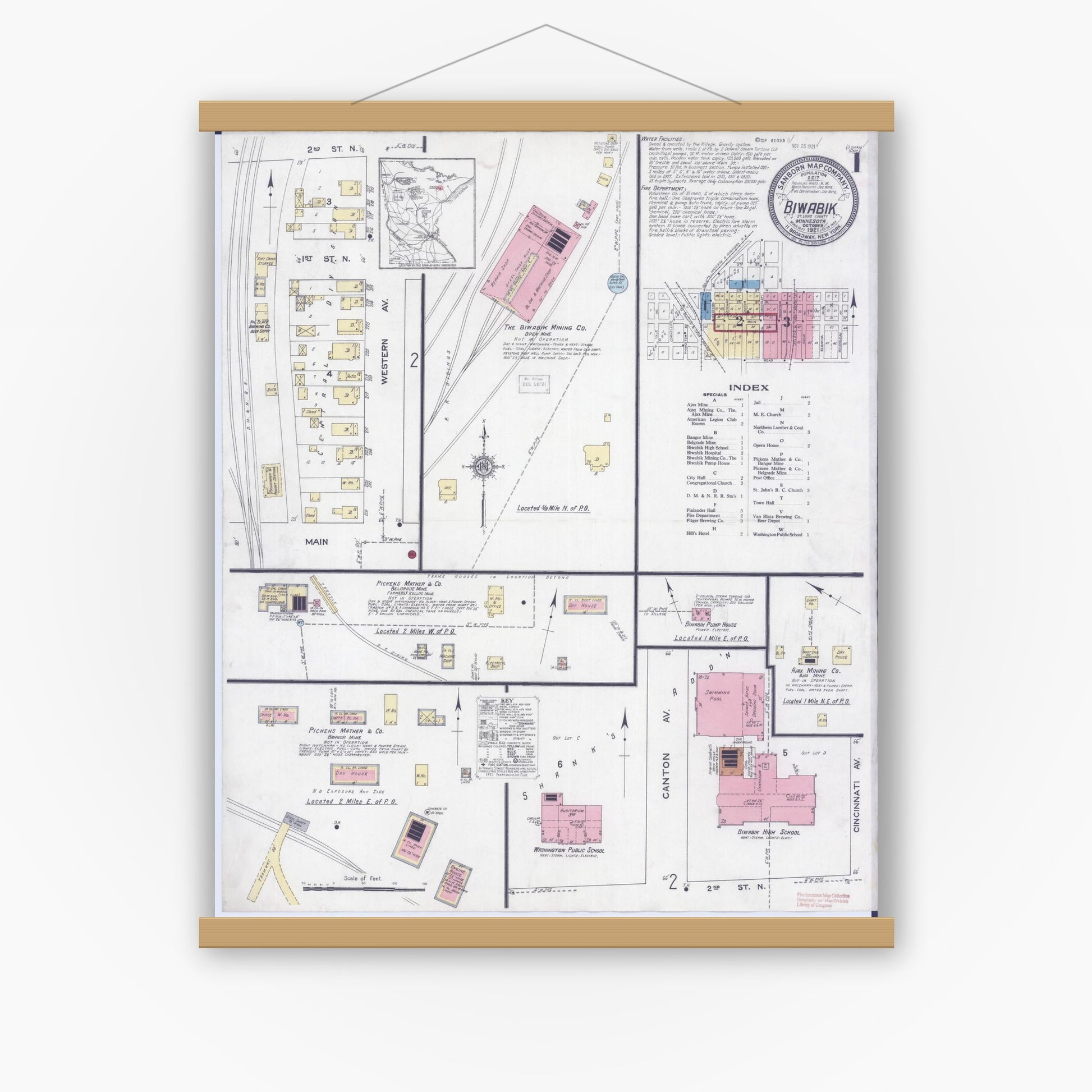 Old map wall art mockup — magnetic wood frame on white wall — Sanborn Fire Insurance Map from Biwabik, Saint Louis County, Minnesota (1921) - Complete Map Set