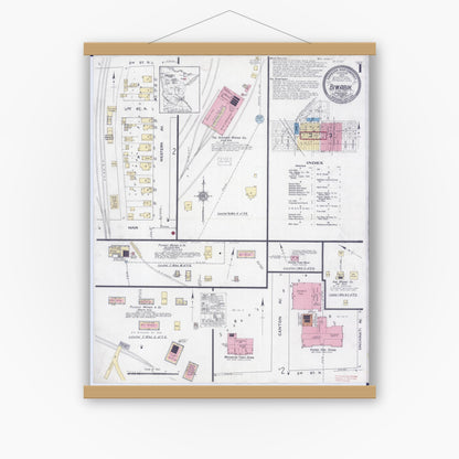 Old map wall art mockup — magnetic wood frame on white wall — Sanborn Fire Insurance Map from Biwabik, Saint Louis County, Minnesota (1921) - Complete Map Set