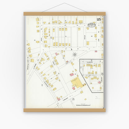 Old map wall art mockup — magnetic wood frame on white wall — Sanborn Fire Insurance Map from Washington, Washington County, Pennsylvania (1900), Sheet #0025