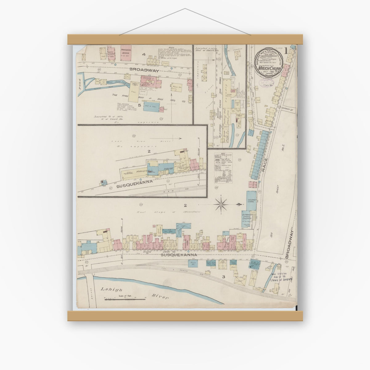 Old map wall art mockup — magnetic wood frame on white wall — Sanborn Fire Insurance Map from Mauch Chunk, Carbon County, Pennsylvania (1885), Sheet #0001