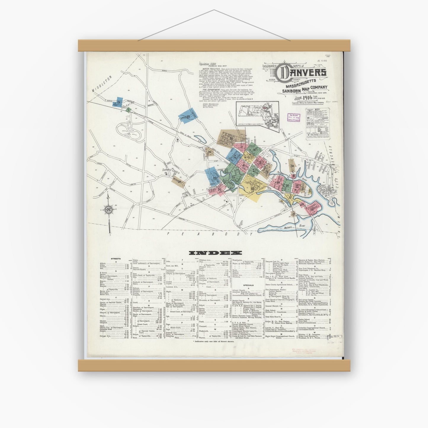Old map wall art mockup — magnetic wood frame on white wall — Sanborn Fire Insurance Map from Danvers, Essex County, Massachusetts (1916) - Complete Map Set