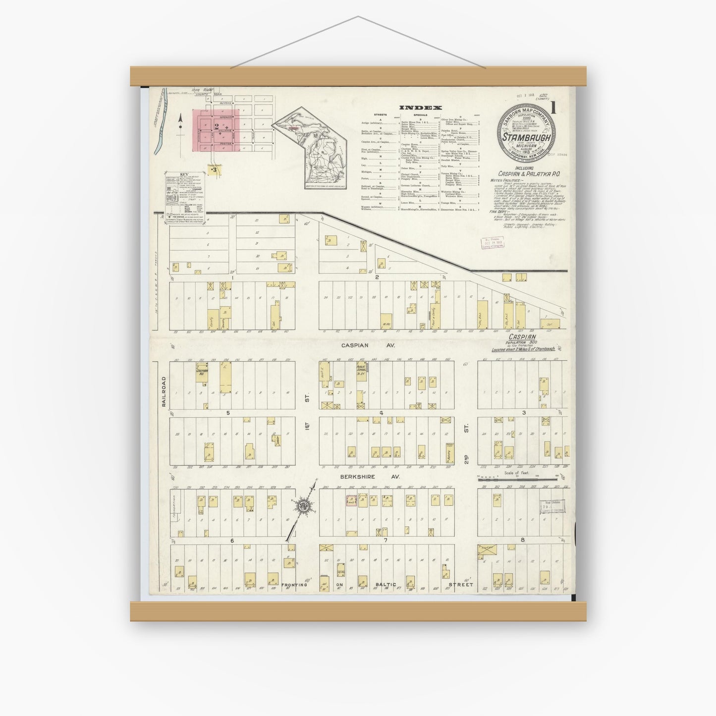 Old map wall art mockup — magnetic wood frame on white wall — Sanborn Fire Insurance Map from Stambaugh, Iron County, Michigan (1913) - Complete Map Set