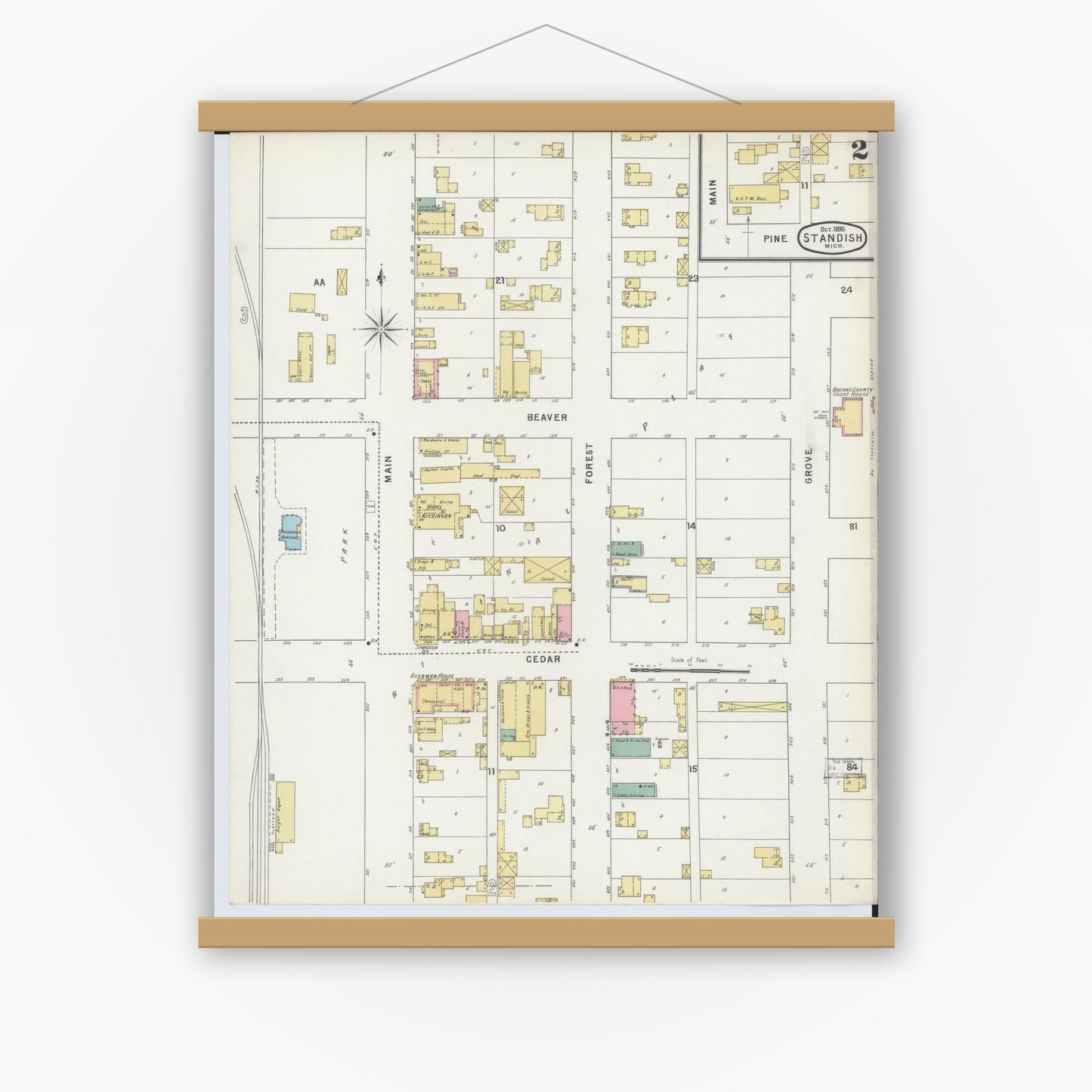 Old map wall art mockup — magnetic wood frame on white wall — Sanborn Fire Insurance Map from Standish, Arenac County, Michigan (1895), Sheet #0002