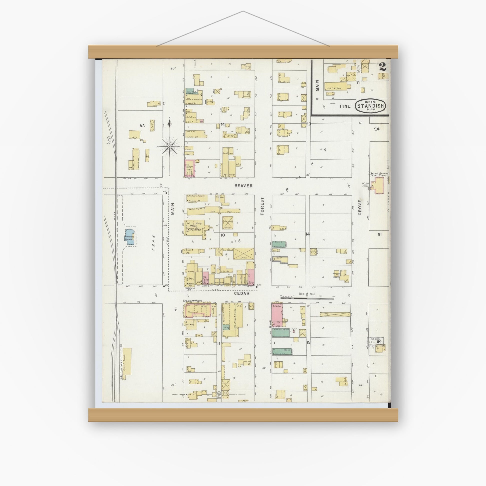 Old map wall art mockup — magnetic wood frame on white wall — Sanborn Fire Insurance Map from Standish, Arenac County, Michigan (1895), Sheet #0002