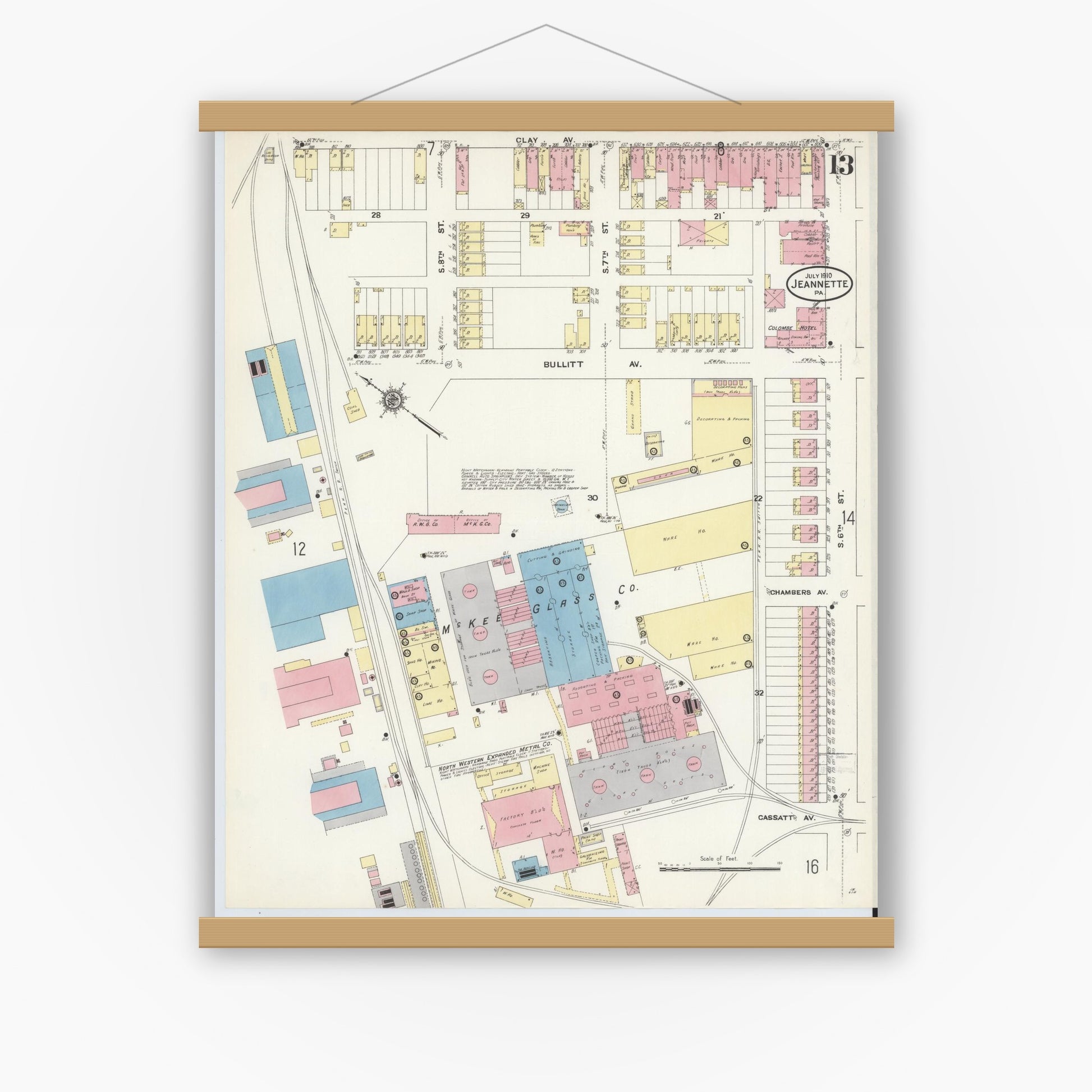 Old map wall art mockup — magnetic wood frame on white wall — Sanborn Fire Insurance Map from Jeannette, Westmoreland County, Pennsylvania (1910), Sheet #0013