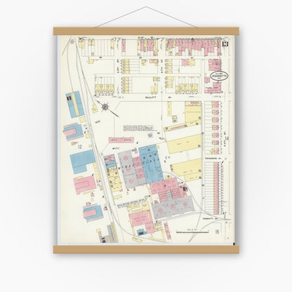 Old map wall art mockup — magnetic wood frame on white wall — Sanborn Fire Insurance Map from Jeannette, Westmoreland County, Pennsylvania (1910), Sheet #0013