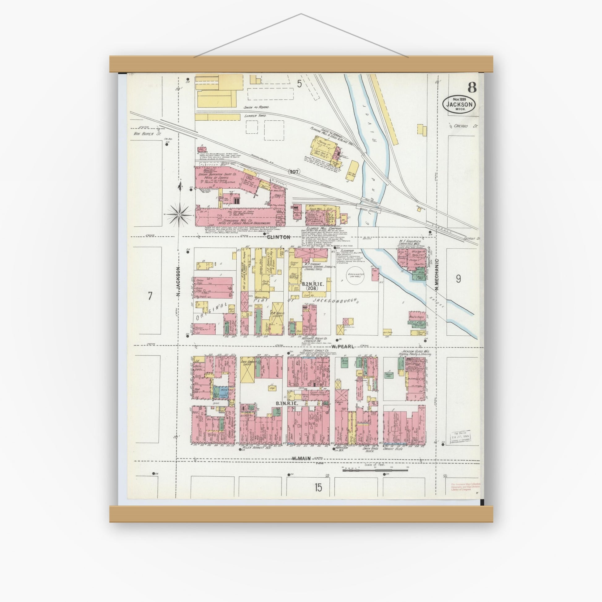 Old map wall art mockup — magnetic wood frame on white wall — Sanborn Fire Insurance Map from Jackson, Jackson County, Michigan (1899), Sheet #0008