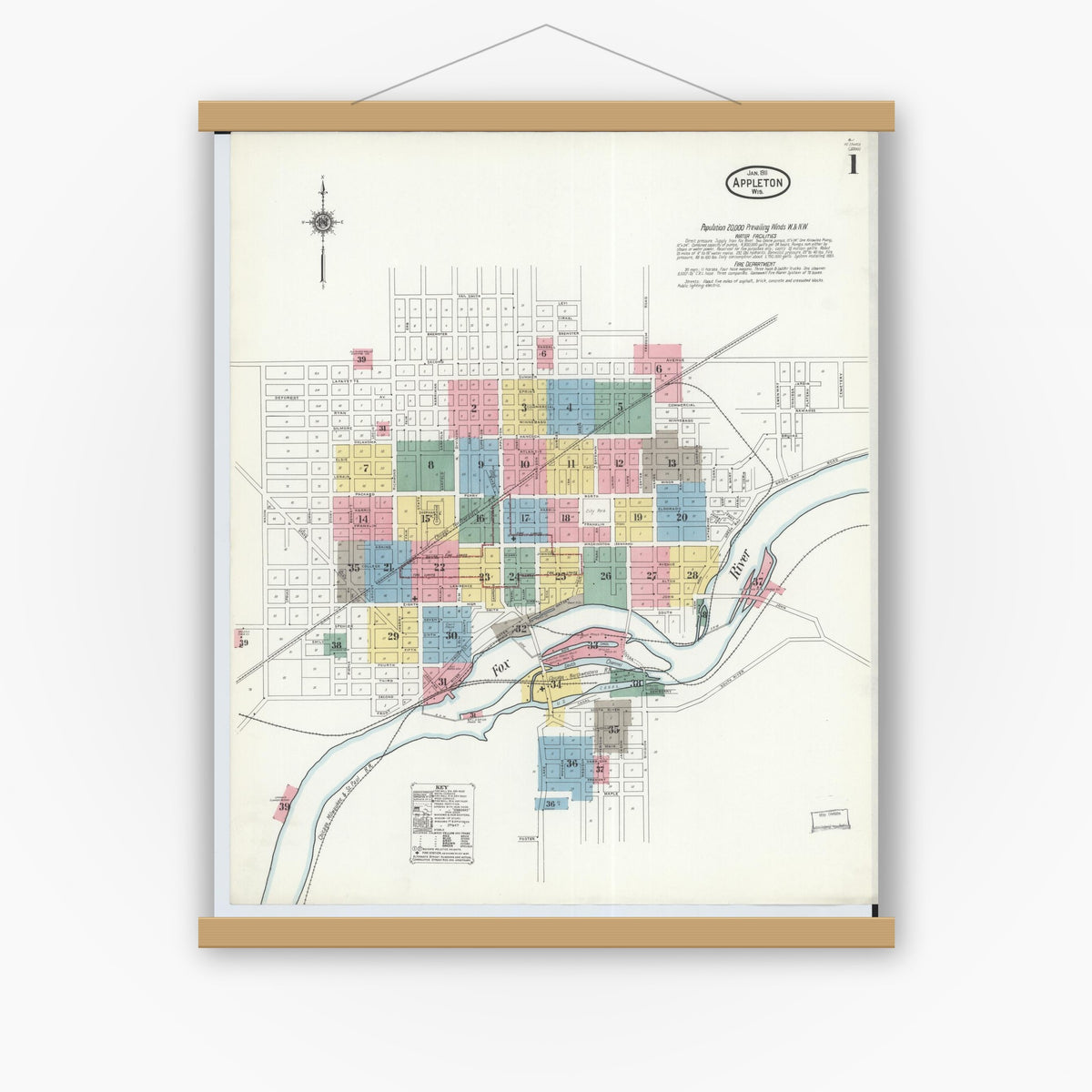 Old map wall art mockup — magnetic wood frame on white wall — Sanborn Fire Insurance Map from Appleton, Outagamie County, Wisconsin (1911) - Complete Map Set