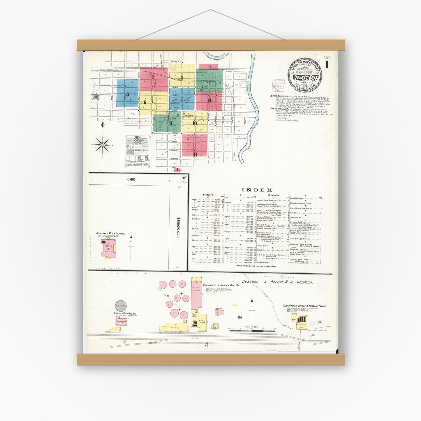 Old map wall art mockup — magnetic wood frame on white wall — Sanborn Fire Insurance Map from Webster City, Hamilton County, Iowa (1907), Sheet #0001
