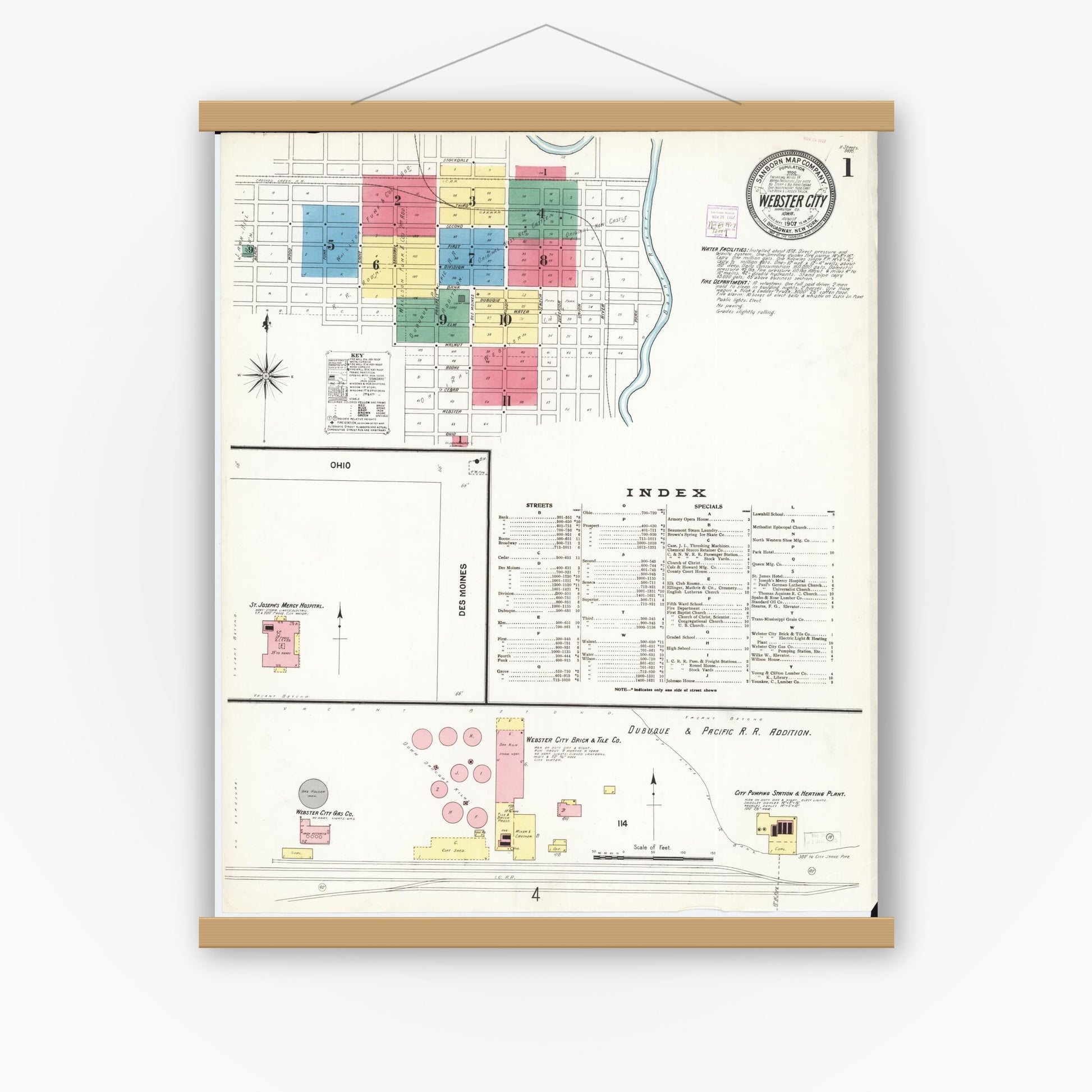 Old map wall art mockup — magnetic wood frame on white wall — Sanborn Fire Insurance Map from Webster City, Hamilton County, Iowa (1907), Sheet #0001