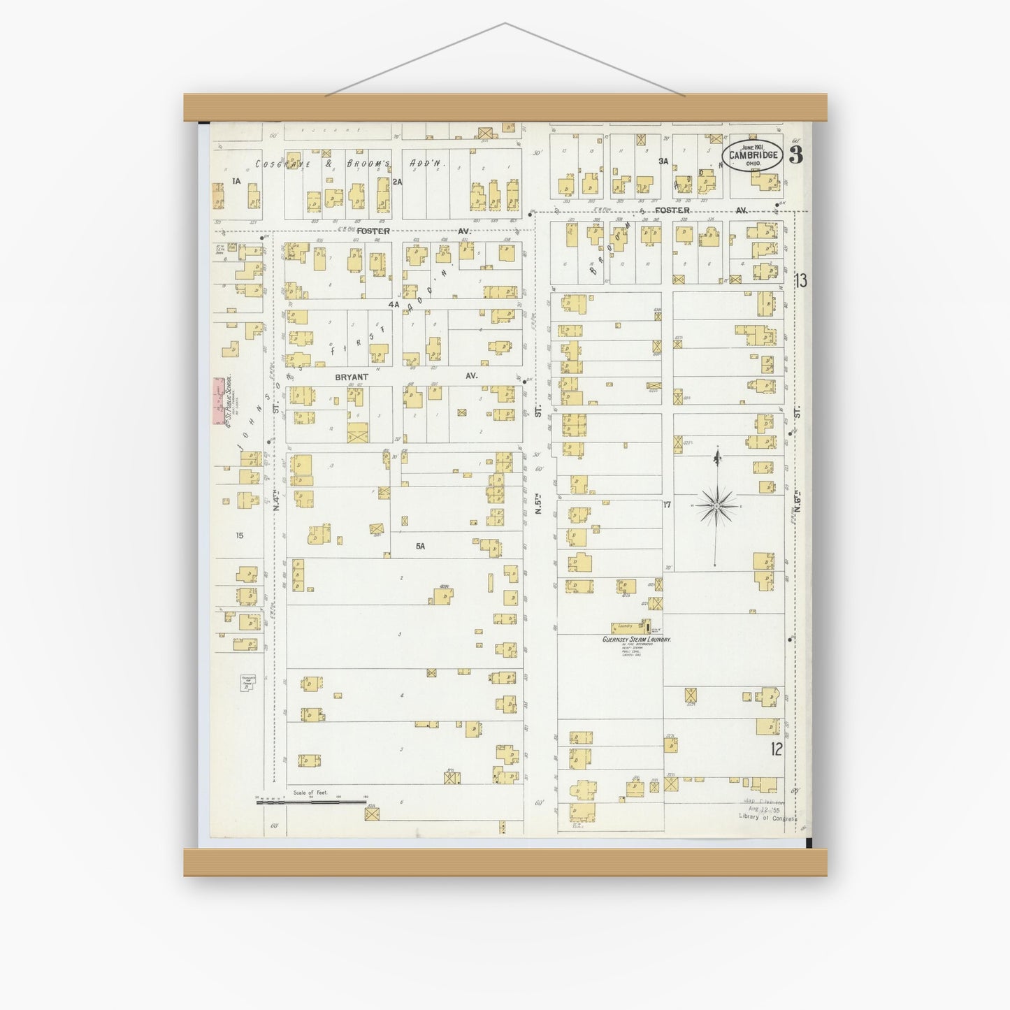Old map wall art mockup — magnetic wood frame on white wall — Sanborn Fire Insurance Map from Cambridge, Guernsey County, Ohio (1901), Sheet #0003