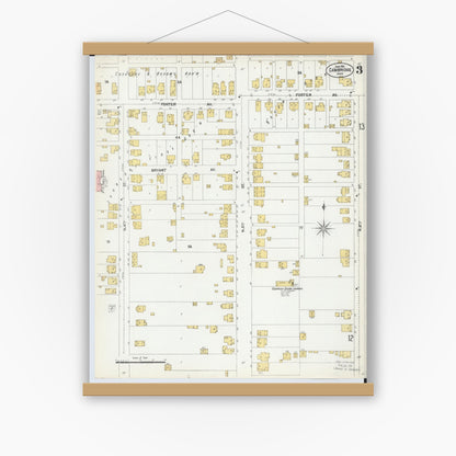 Old map wall art mockup — magnetic wood frame on white wall — Sanborn Fire Insurance Map from Cambridge, Guernsey County, Ohio (1901), Sheet #0003