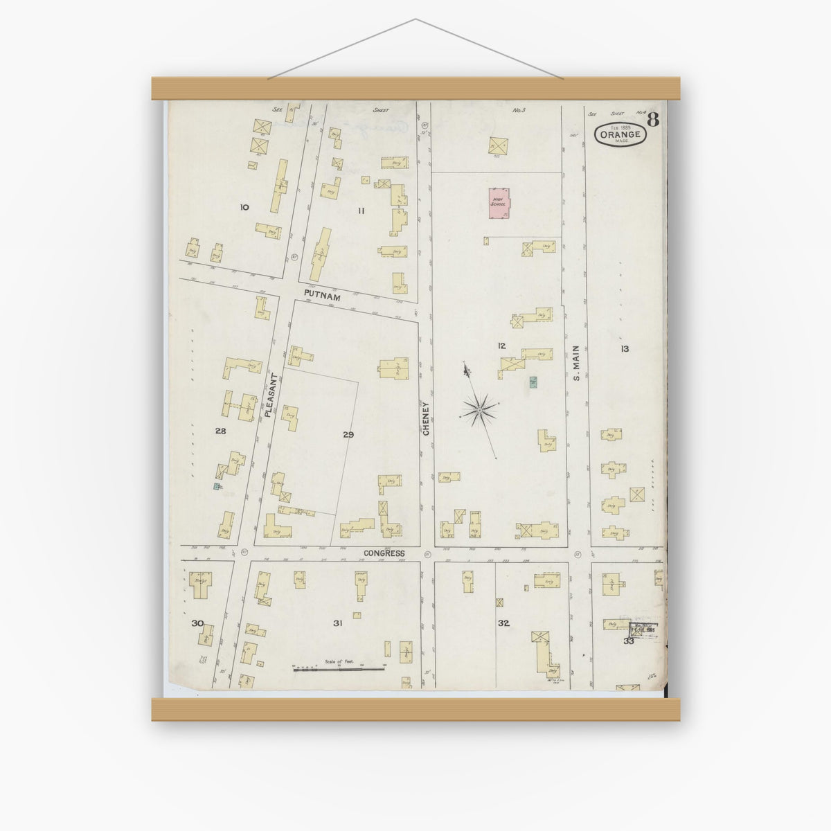 Old map wall art mockup — magnetic wood frame on white wall — Sanborn Fire Insurance Map from Orange, Franklin County, Massachusetts (1889), Sheet #0008