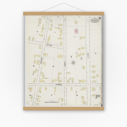Old map wall art mockup — magnetic wood frame on white wall — Sanborn Fire Insurance Map from Orange, Franklin County, Massachusetts (1889), Sheet #0008