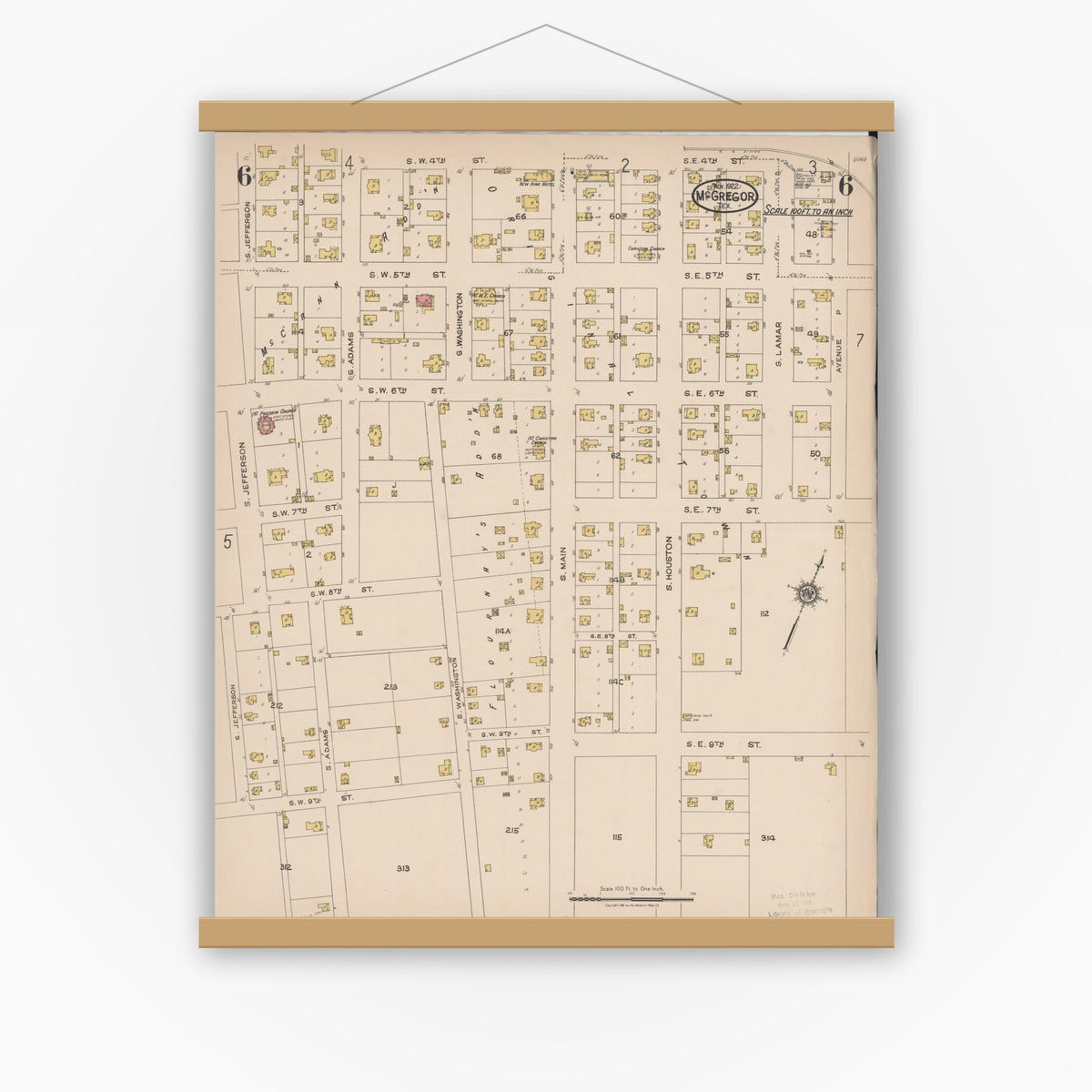 Old map wall art mockup — magnetic wood frame on white wall — Sanborn Fire Insurance Map from McGregor, McLennan County, Texas (1922), Sheet #0006