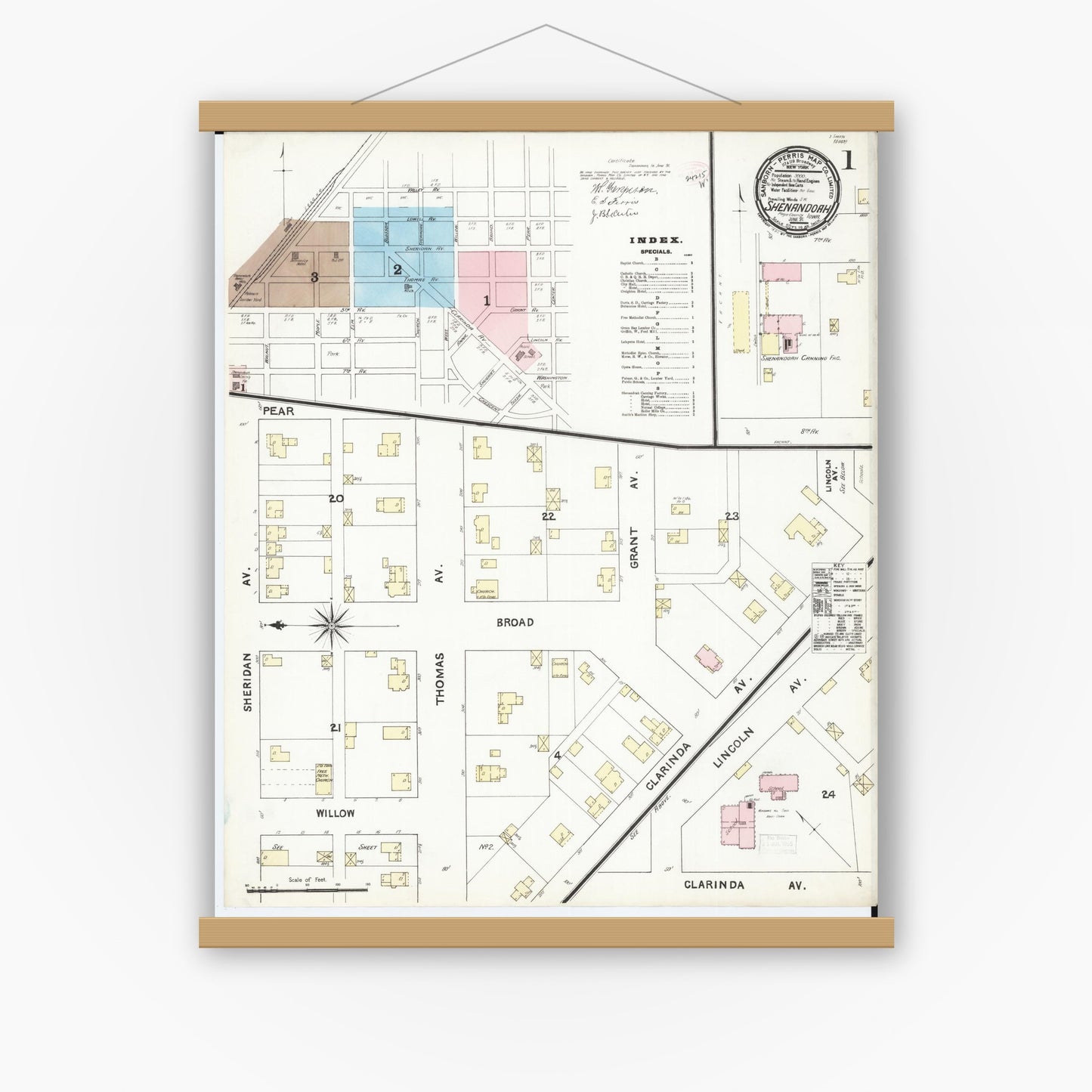 Old map wall art mockup — magnetic wood frame on white wall — Sanborn Fire Insurance Map from Shenandoah, Page County, Iowa (1891) â€” Complete Set