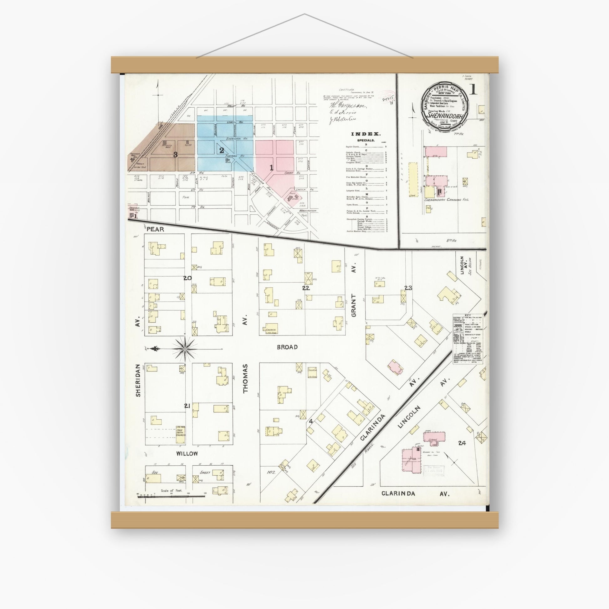Old map wall art mockup — magnetic wood frame on white wall — Sanborn Fire Insurance Map from Shenandoah, Page County, Iowa (1891) â€” Complete Set
