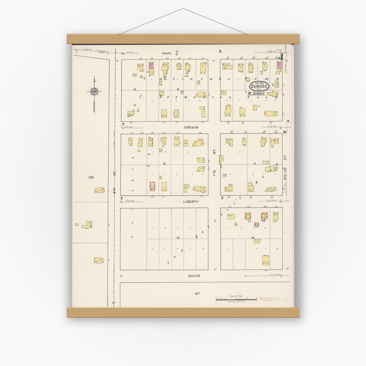 Old map wall art mockup — magnetic wood frame on white wall — Sanborn Fire Insurance Map from Dundee, Kane County, Illinois (1922), Sheet #0004