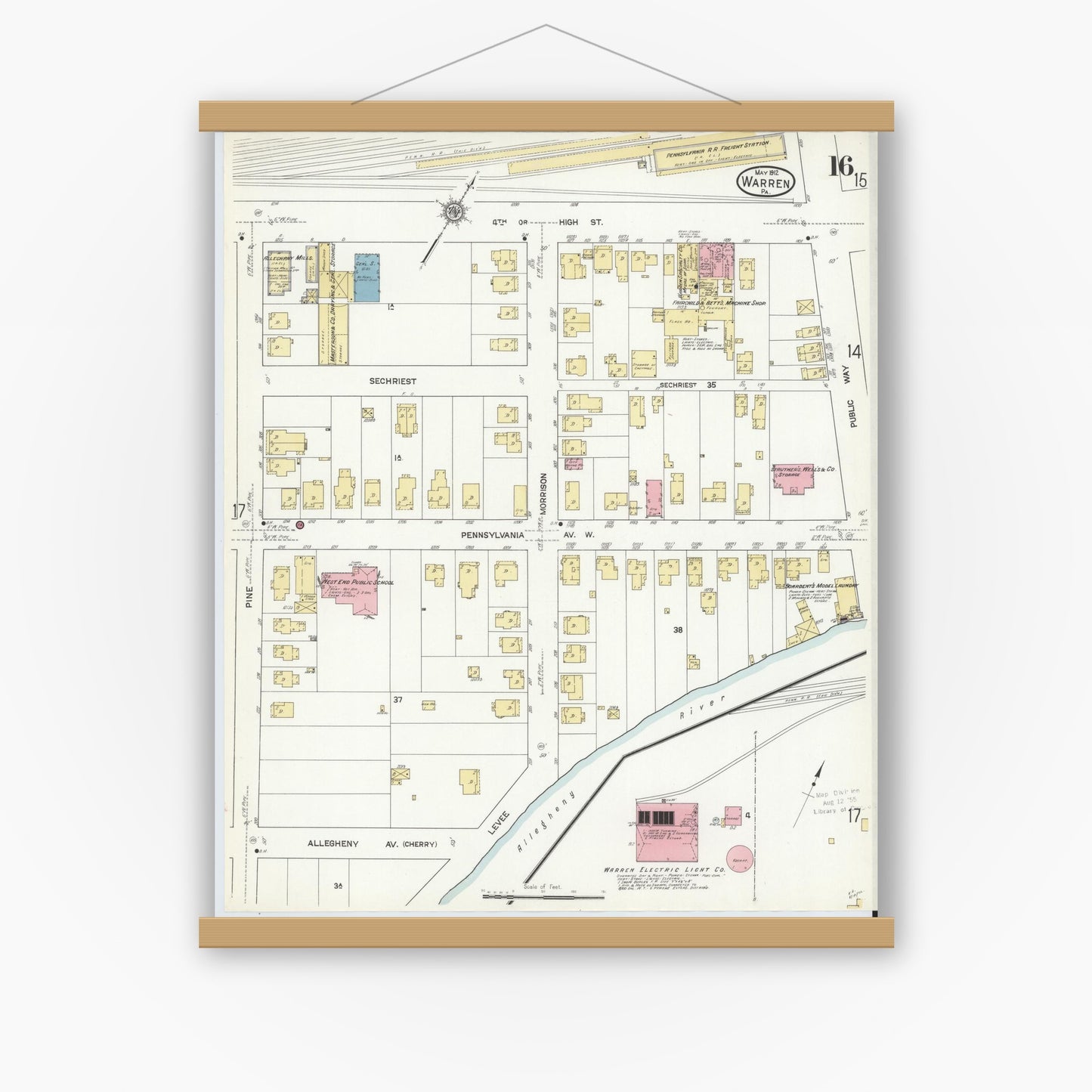 Old map wall art mockup — magnetic wood frame on white wall — Sanborn Fire Insurance Map from Warren, Warren County, Pennsylvania (1912), Sheet #0016