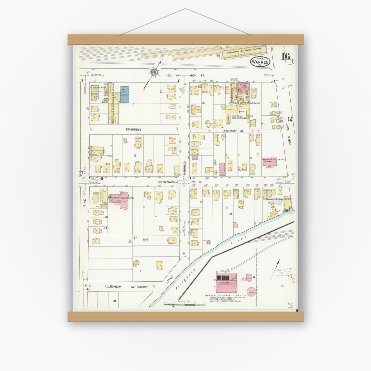 Old map wall art mockup — magnetic wood frame on white wall — Sanborn Fire Insurance Map from Warren, Warren County, Pennsylvania (1912), Sheet #0016