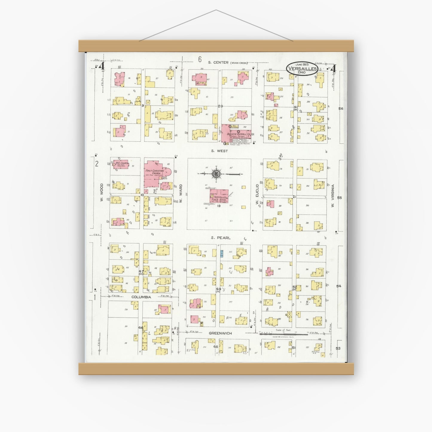 Old map wall art mockup — magnetic wood frame on white wall — Sanborn Fire Insurance Map from Versailles, Darke County, Ohio (1925), Sheet #0004
