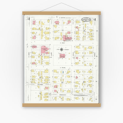 Old map wall art mockup — magnetic wood frame on white wall — Sanborn Fire Insurance Map from Versailles, Darke County, Ohio (1925), Sheet #0004