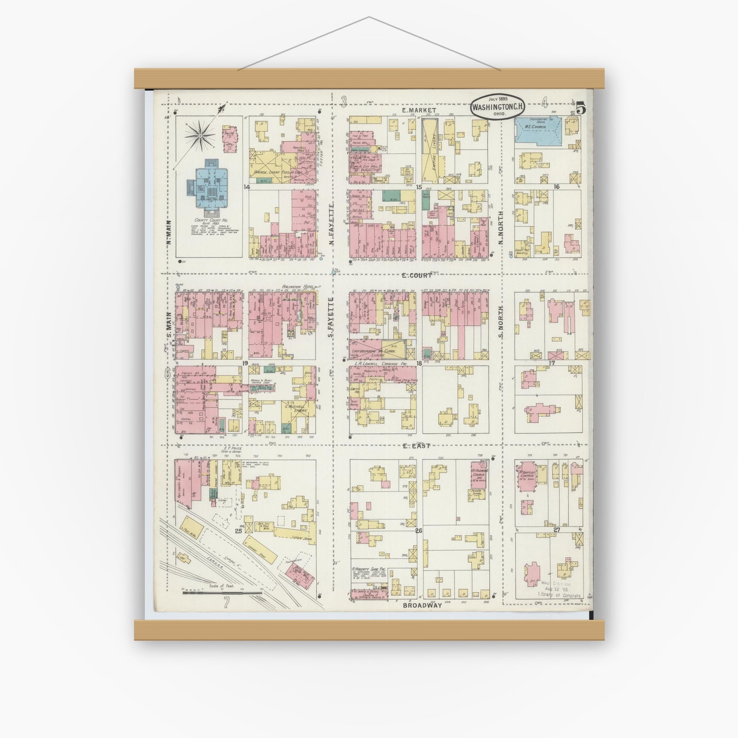 Old map wall art mockup — magnetic wood frame on white wall — Sanborn Fire Insurance Map from Washington Court House, Fayette County, Ohio (1895), Sheet #0005