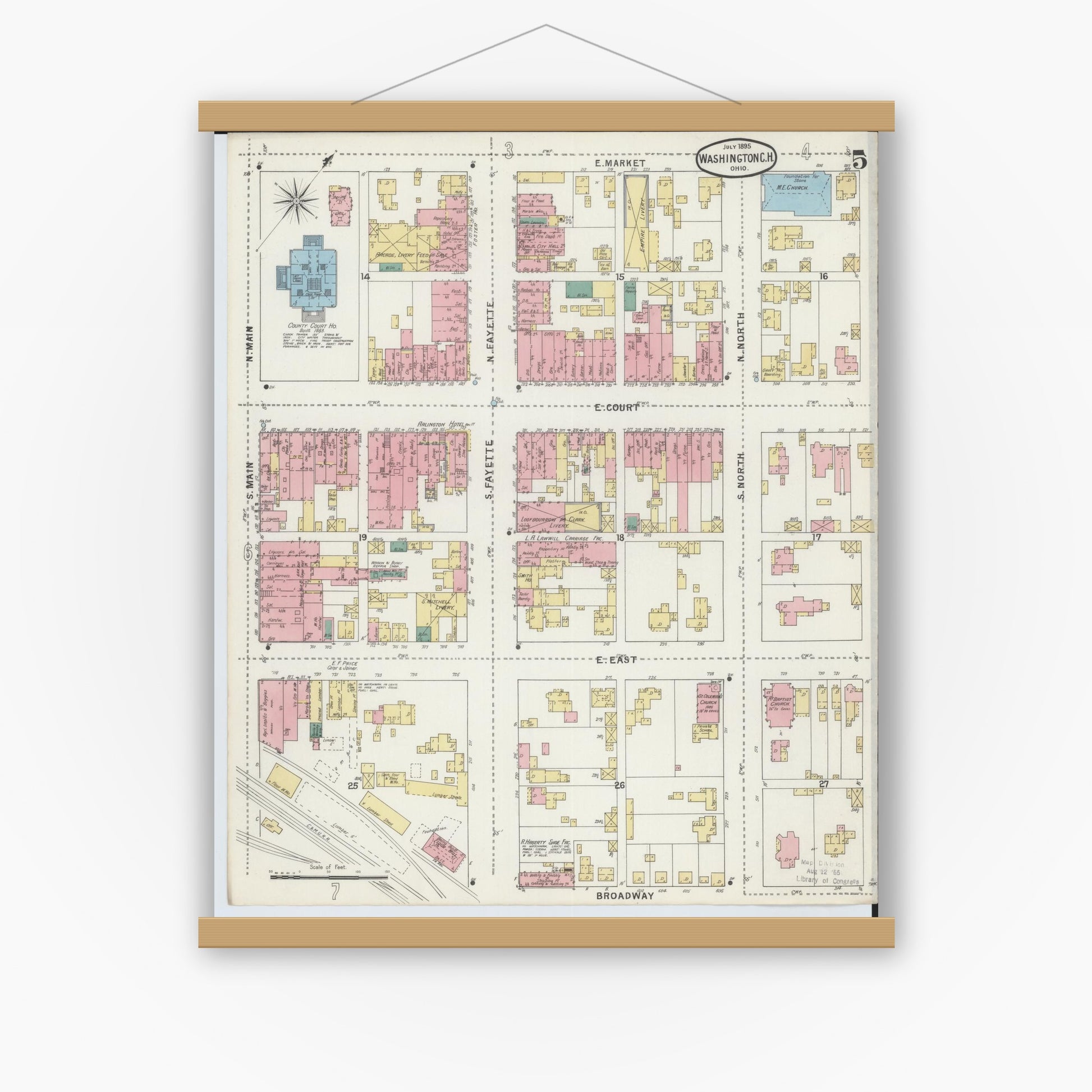 Old map wall art mockup — magnetic wood frame on white wall — Sanborn Fire Insurance Map from Washington Court House, Fayette County, Ohio (1895), Sheet #0005