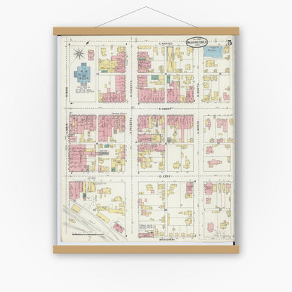 Old map wall art mockup — magnetic wood frame on white wall — Sanborn Fire Insurance Map from Washington Court House, Fayette County, Ohio (1895), Sheet #0005