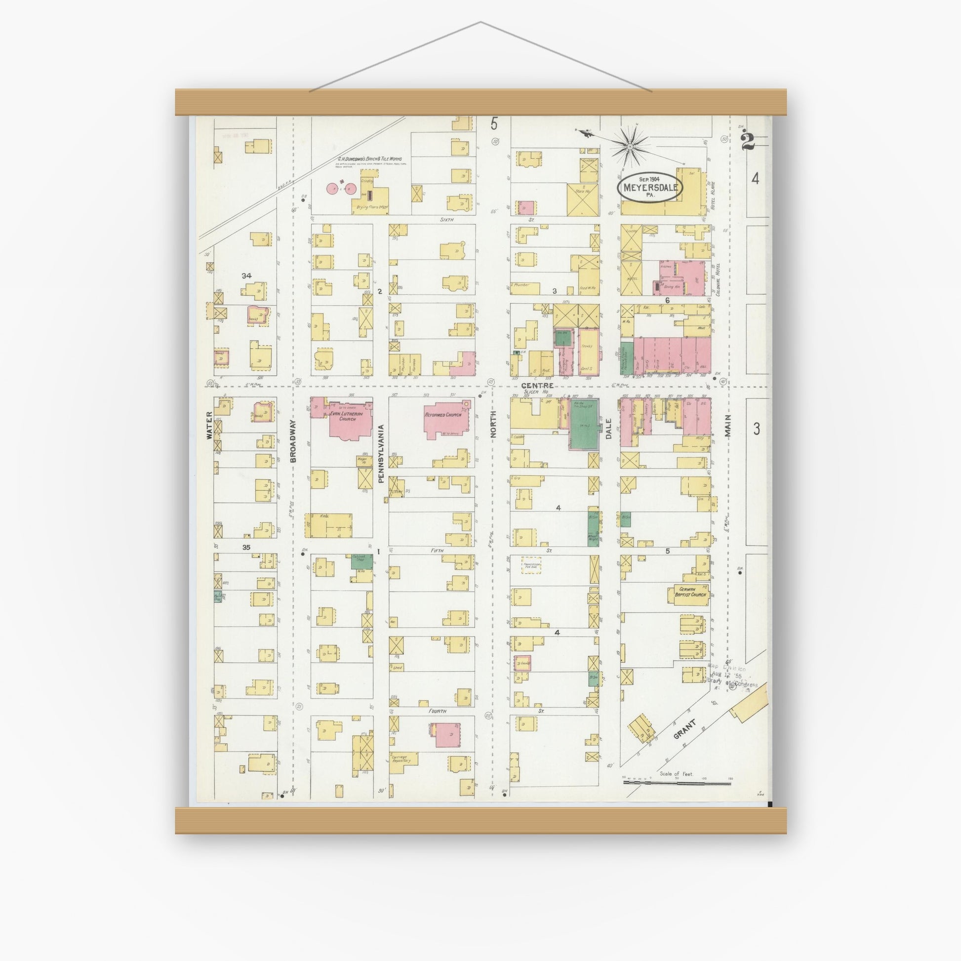 Old map wall art mockup — magnetic wood frame on white wall — Sanborn Fire Insurance Map from Meyersdale, Somerset County, Pennsylvania (1904), Sheet #0002