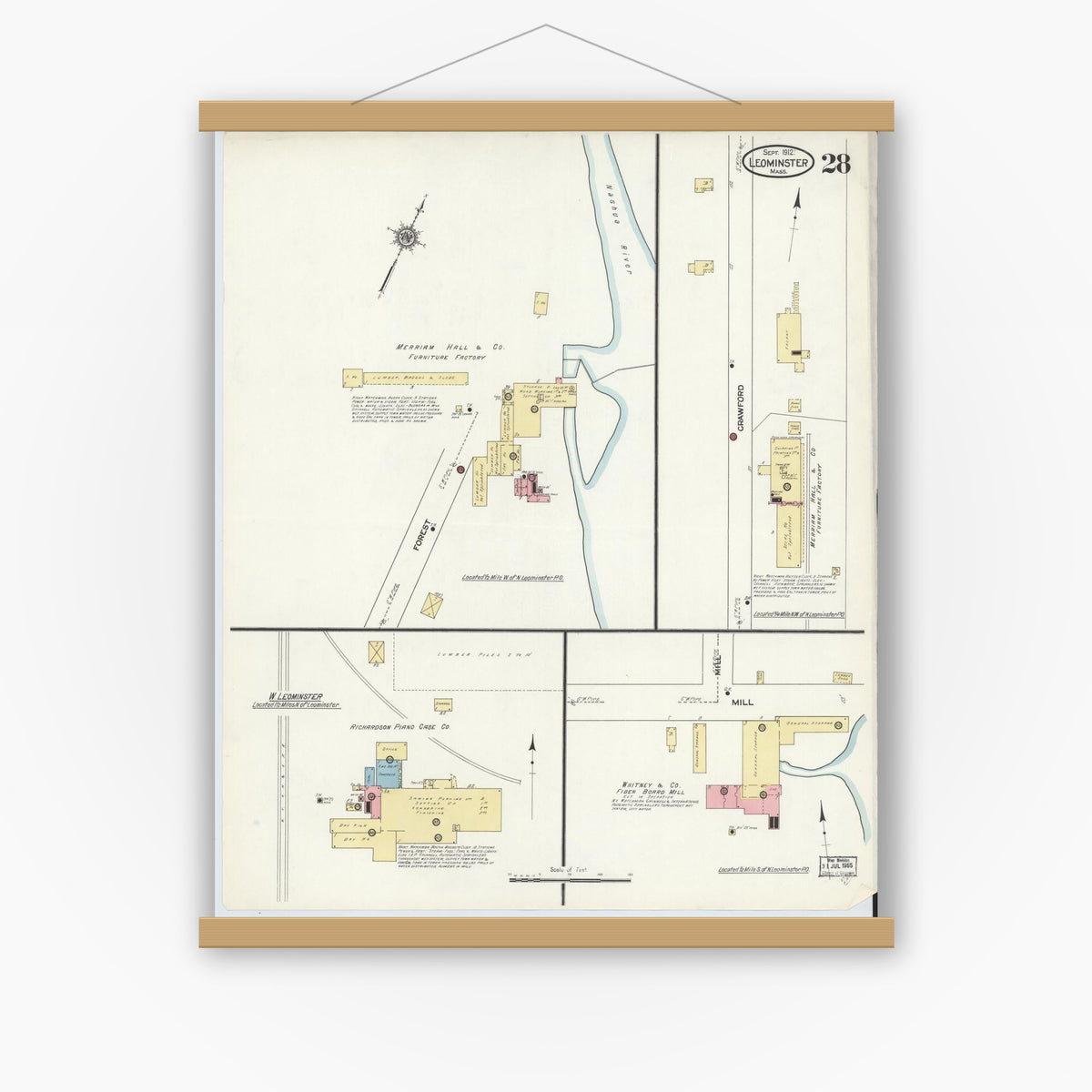 Old map wall art mockup — magnetic wood frame on white wall — Sanborn Fire Insurance Map from Leominster, Worcester County, Massachusetts (1912), Sheet #0029