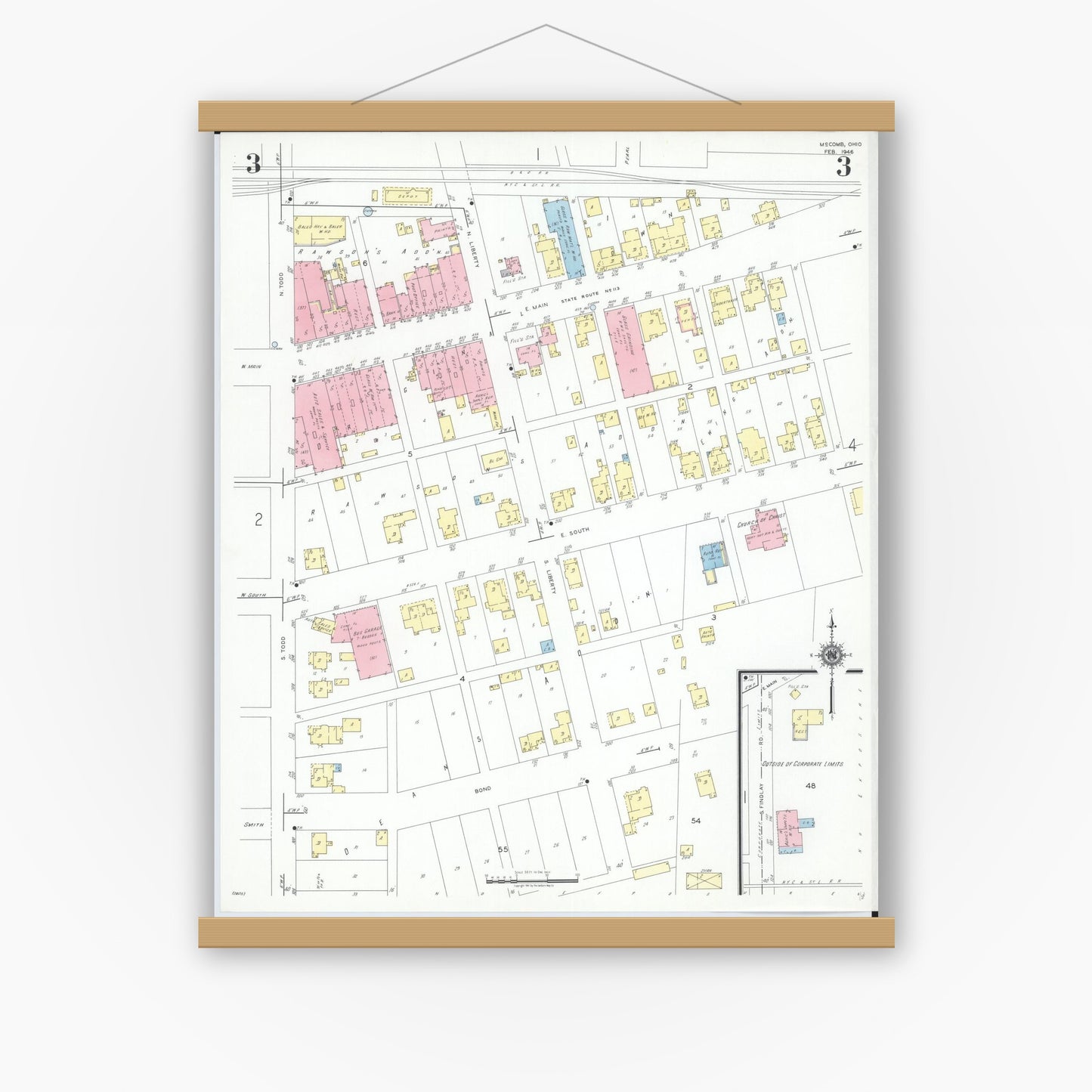 Old map wall art mockup — magnetic wood frame on white wall — Sanborn Fire Insurance Map from McComb, Hancock County, Ohio (1946), Sheet #0003