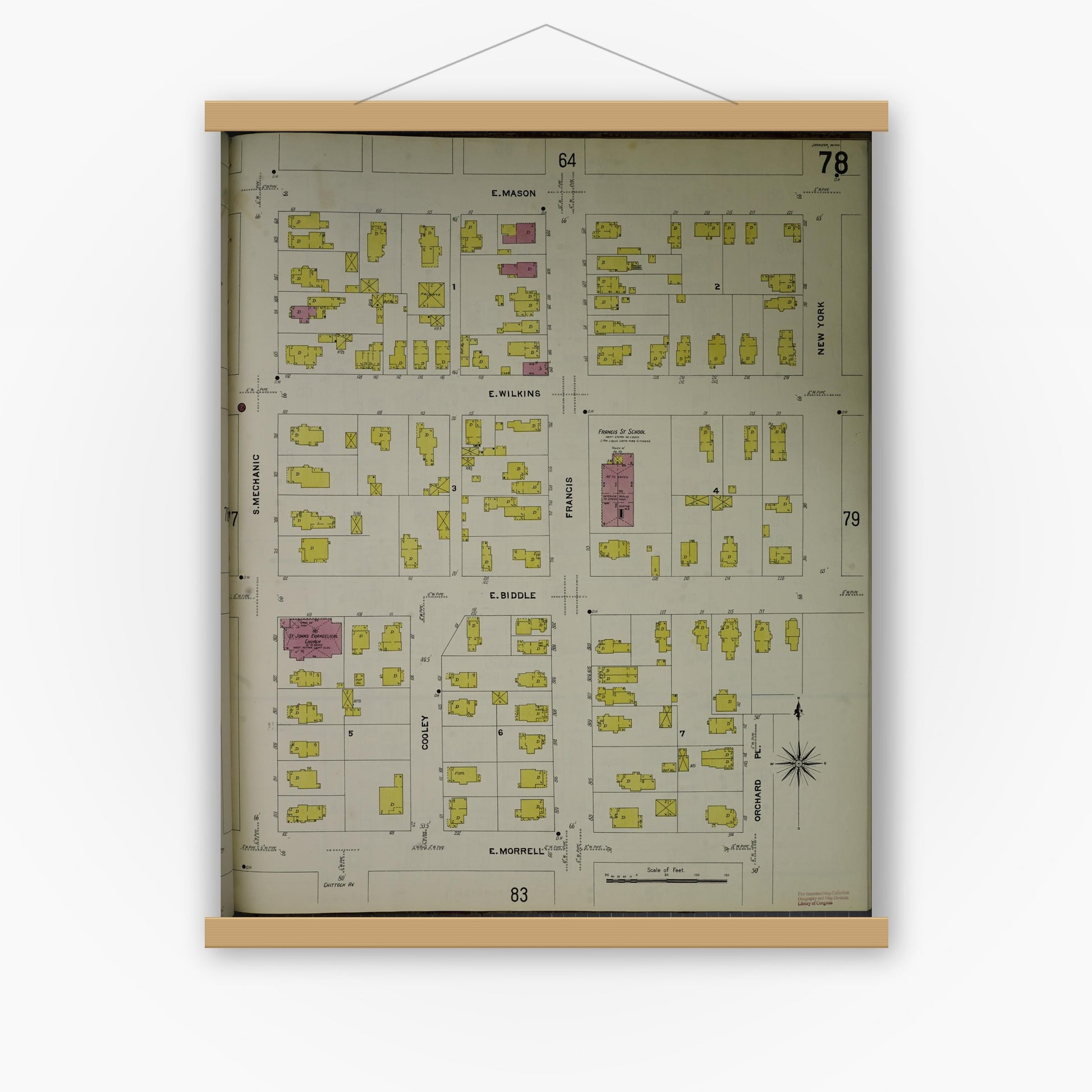 Old map wall art mockup — magnetic wood frame on white wall — Sanborn Fire Insurance Map from Jackson, Jackson County, Michigan (1907), Sheet #0078